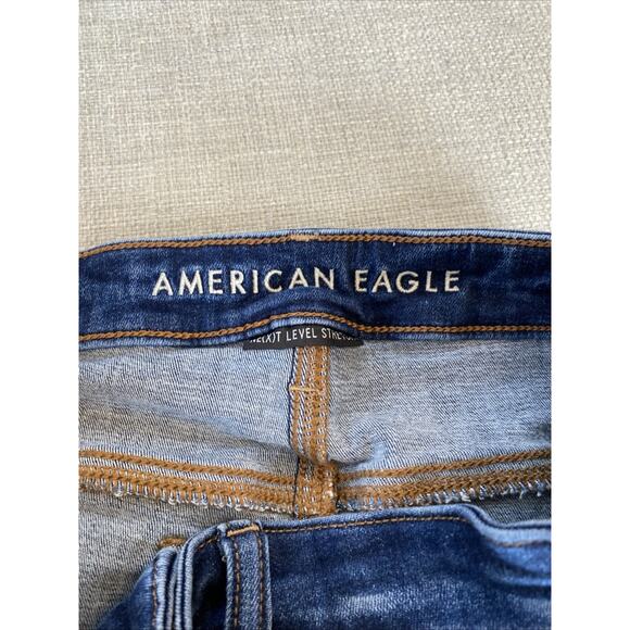 American Eagle 6 Hi-Rise Shortie Dark Wash Super Stretch Shorts Raw Hem Cut Offs - Picture 8 of 8